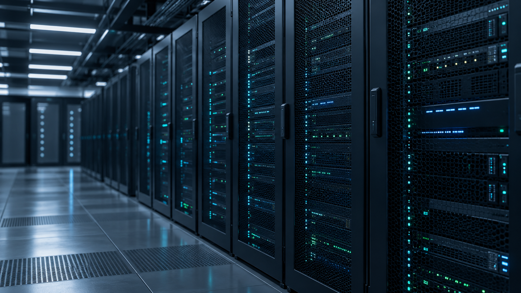 ネイビーの照明に包まれたサーバーラックのイメージ
